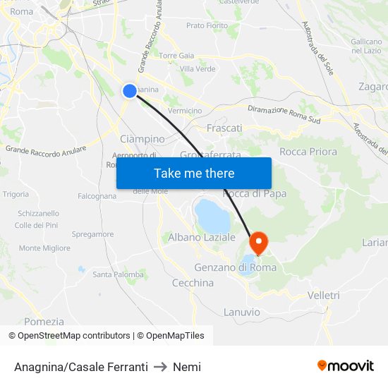 Anagnina/Casale Ferranti to Nemi map