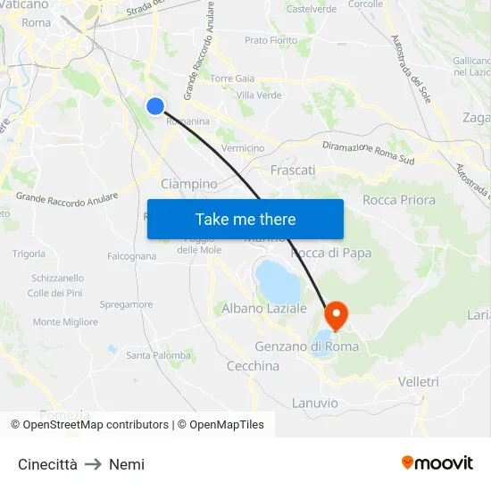 Cinecittà to Nemi map