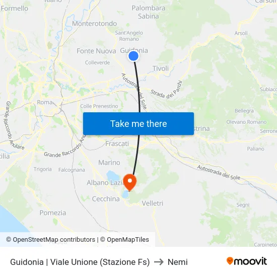 Guidonia | Viale Unione (Stazione Fs) to Nemi map
