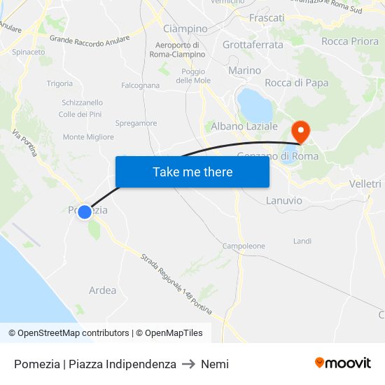 Pomezia | Piazza Indipendenza to Nemi map