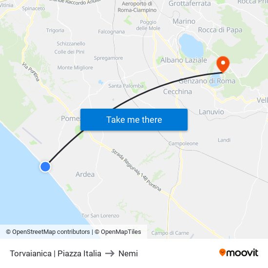 Torvaianica | Piazza Italia to Nemi map