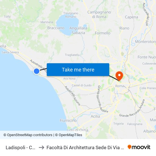 Ladispoli - Cerveteri FS to Facoltà Di Architettura Sede Di Via A. Gramsci “Valle Giulia” map