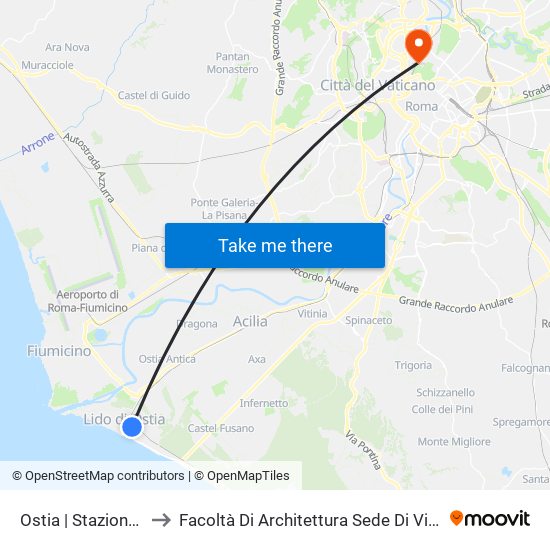 Ostia | Stazione Lido Centro to Facoltà Di Architettura Sede Di Via A. Gramsci “Valle Giulia” map