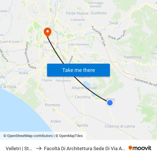 Velletri | Stazione FS to Facoltà Di Architettura Sede Di Via A. Gramsci “Valle Giulia” map