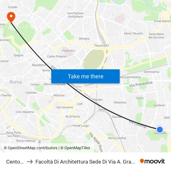 Centocelle to Facoltà Di Architettura Sede Di Via A. Gramsci “Valle Giulia” map