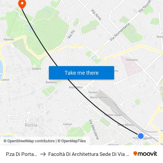 P.za Di Porta Maggiore to Facoltà Di Architettura Sede Di Via A. Gramsci “Valle Giulia” map