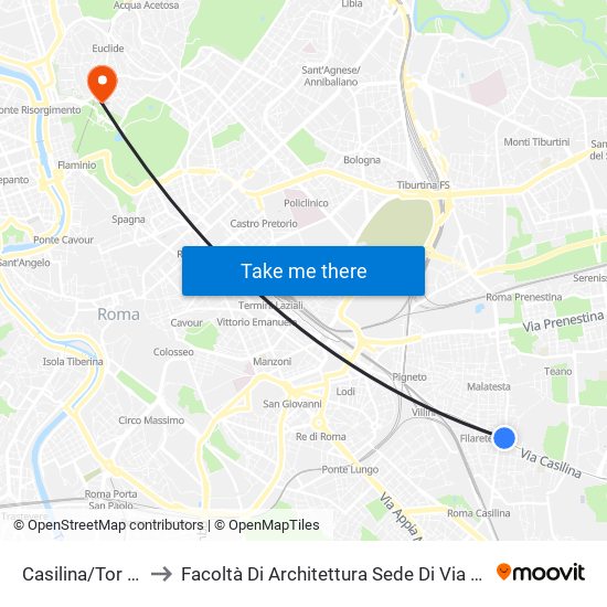 Casilina/Tor Pignattara to Facoltà Di Architettura Sede Di Via A. Gramsci “Valle Giulia” map