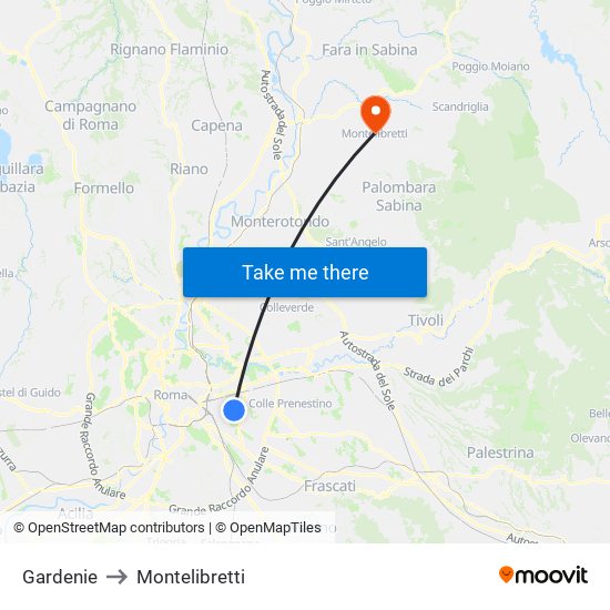 Gardenie to Montelibretti map