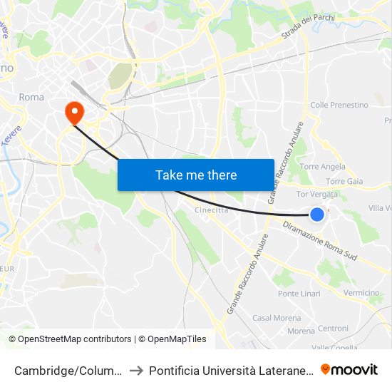Cambridge/Columbia to Pontificia Università Lateranense map