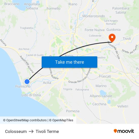 Colosseum to Tivoli Terme map