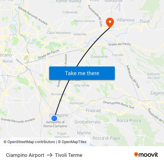 Ciampino Airport to Tivoli Terme map