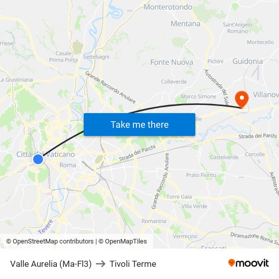 Valle Aurelia (Ma - Fl3) to Tivoli Terme map