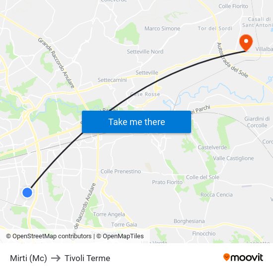 Mirti (Mc) to Tivoli Terme map