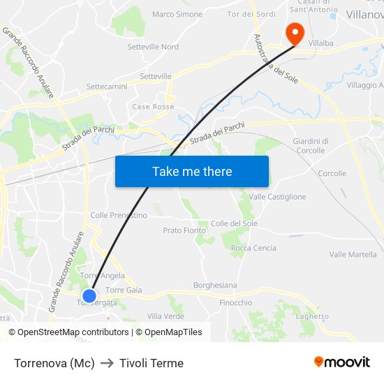 Torrenova (Mc) to Tivoli Terme map