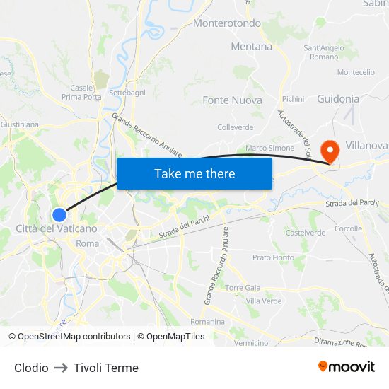 Clodio to Tivoli Terme map