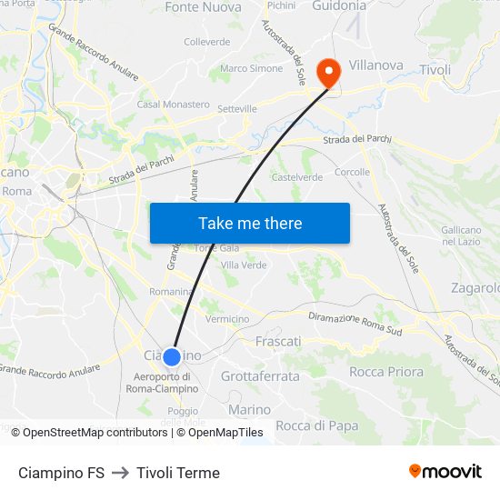 Ciampino FS to Tivoli Terme map