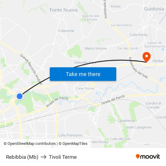 Rebibbia (Mb) to Tivoli Terme map