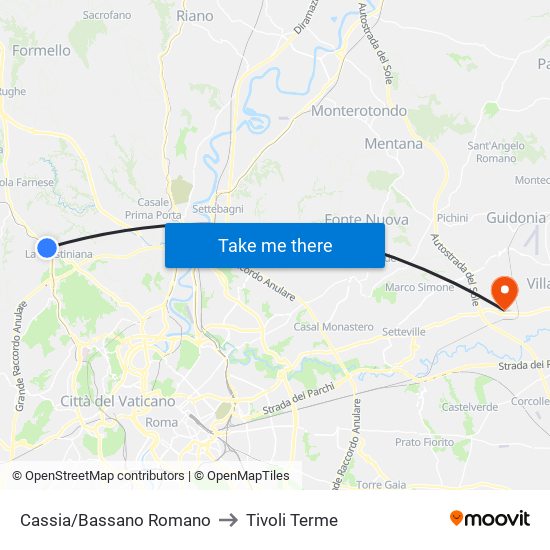 Cassia/Bassano Romano to Tivoli Terme map