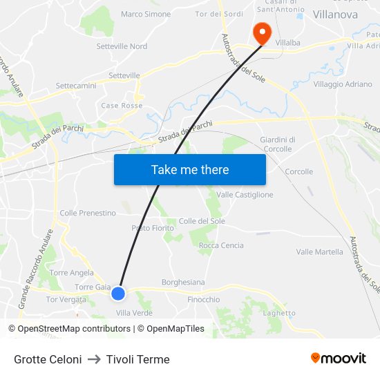 Grotte Celoni to Tivoli Terme map