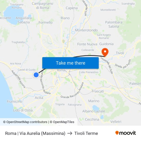 Roma | Via Aurelia (Massimina) to Tivoli Terme map