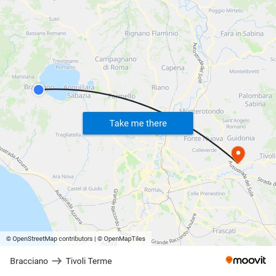 Bracciano to Tivoli Terme map