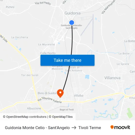 Guidonia Monte Celio - Sant'Angelo to Tivoli Terme map