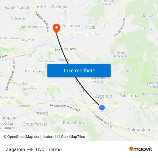 Zagarolo to Tivoli Terme map