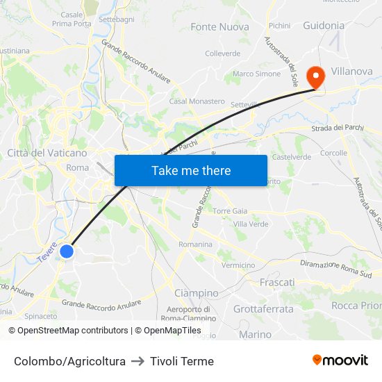 Colombo/Agricoltura to Tivoli Terme map