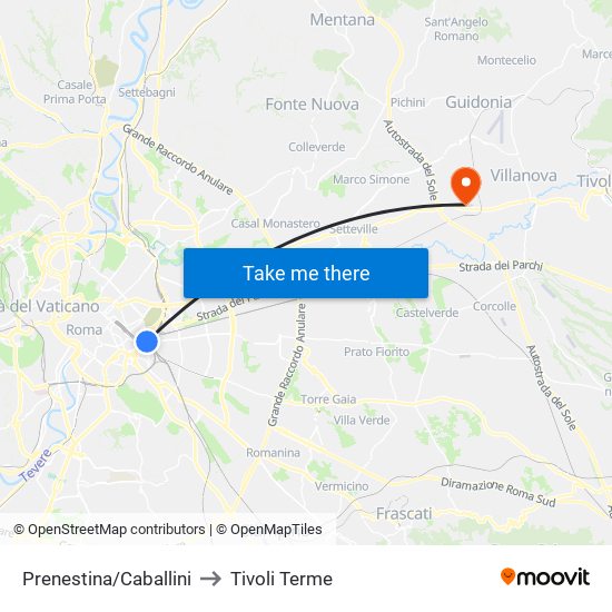 Prenestina/Caballini to Tivoli Terme map