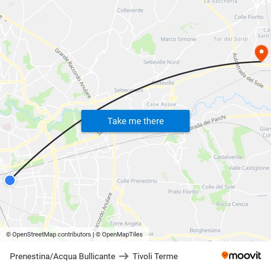 Prenestina/Acqua Bullicante to Tivoli Terme map