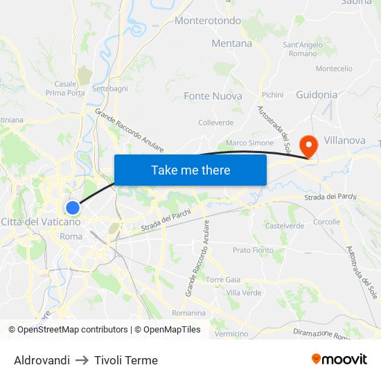 Aldrovandi to Tivoli Terme map