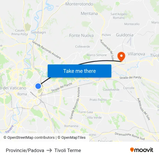 Provincie/Padova to Tivoli Terme map