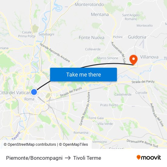 Piemonte/Boncompagni to Tivoli Terme map