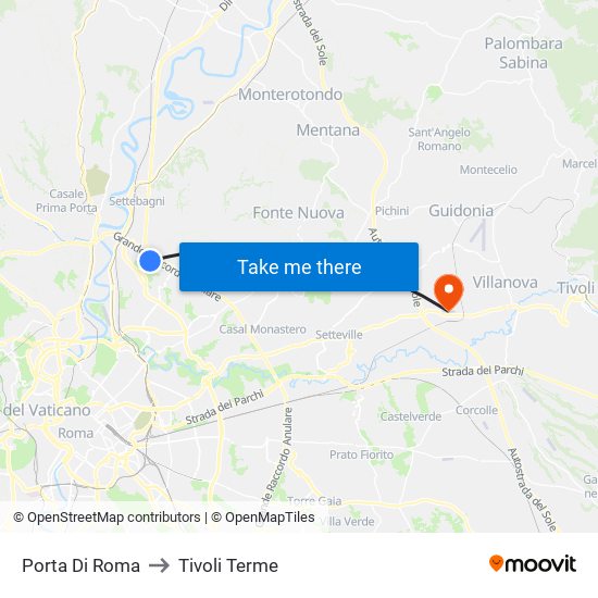 Porta Di Roma to Tivoli Terme map