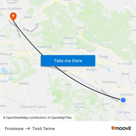 Frosinone to Tivoli Terme map