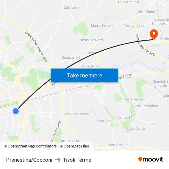 Prenestina/Cocconi to Tivoli Terme map