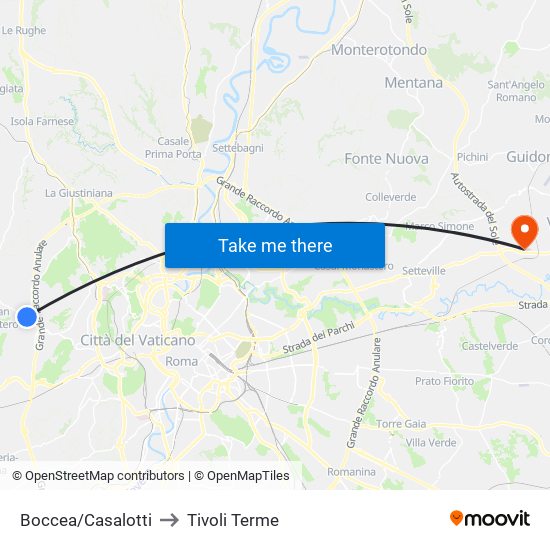 Boccea/Casalotti to Tivoli Terme map