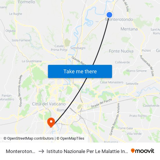 Monterotondo-Mentana to Istituto Nazionale Per Le Malattie Infettive ""Lazzaro Spallanzani"" map