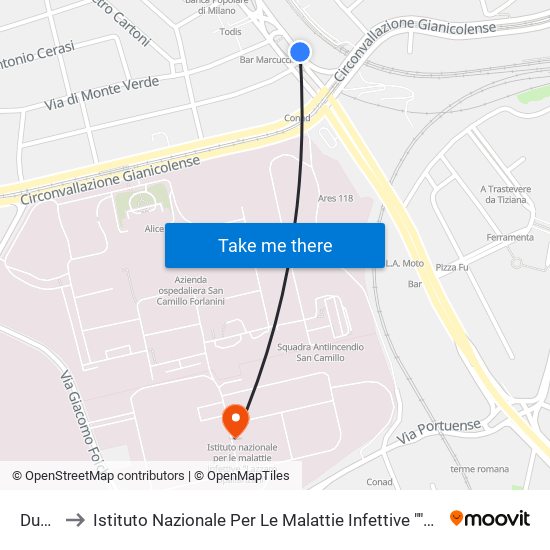 Dunant to Istituto Nazionale Per Le Malattie Infettive ""Lazzaro Spallanzani"" map