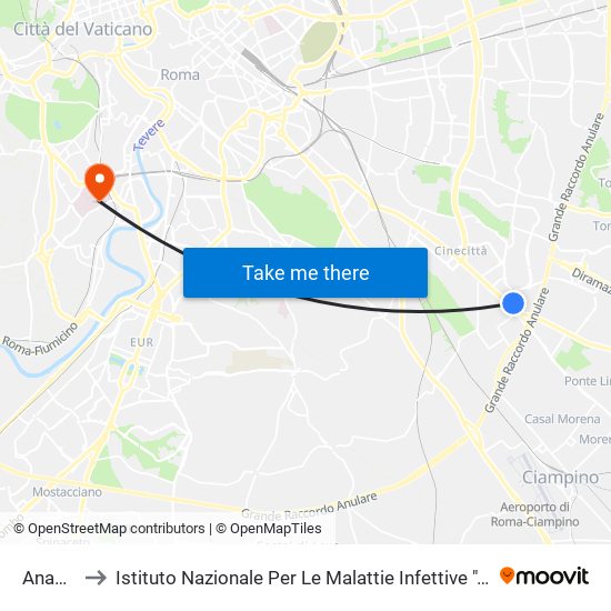 Anagnina to Istituto Nazionale Per Le Malattie Infettive ""Lazzaro Spallanzani"" map