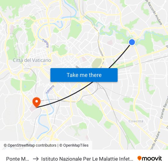 Ponte Mammolo to Istituto Nazionale Per Le Malattie Infettive ""Lazzaro Spallanzani"" map