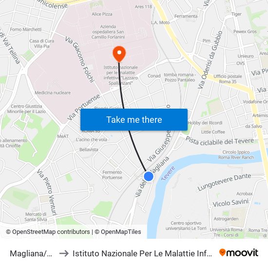 Magliana/S. Passera to Istituto Nazionale Per Le Malattie Infettive ""Lazzaro Spallanzani"" map