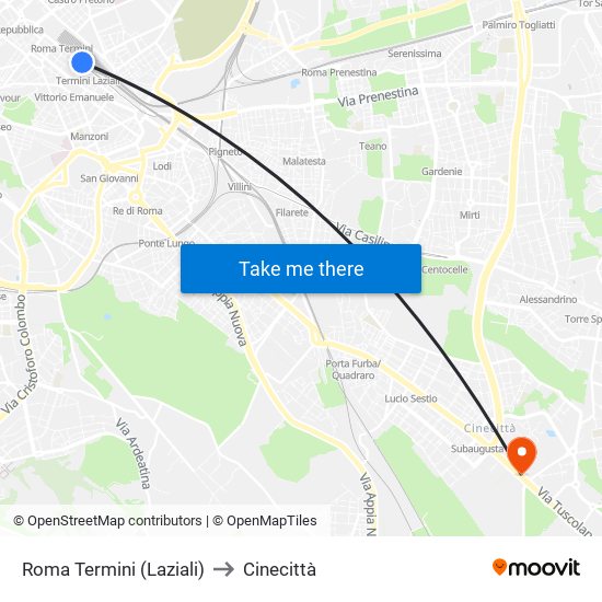 Roma Termini (Laziali) to Cinecittà map