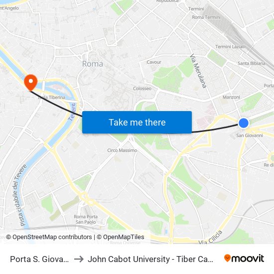 Porta S. Giovanni to John Cabot University - Tiber Campus map