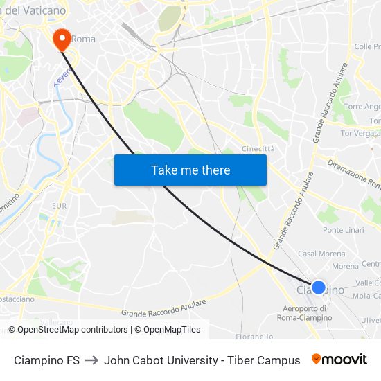 Ciampino FS to John Cabot University - Tiber Campus map