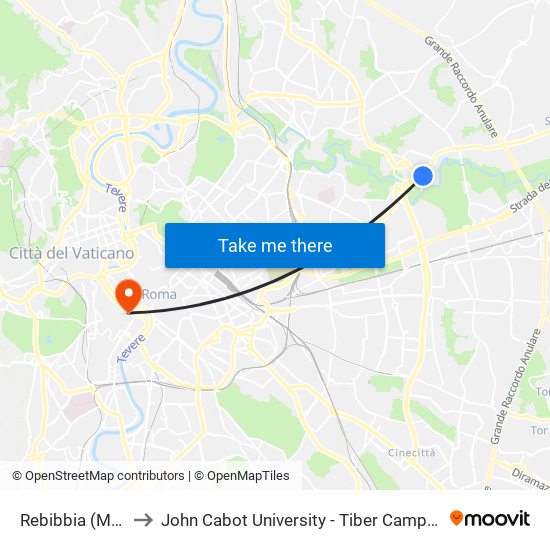 Rebibbia (Mb) to John Cabot University - Tiber Campus map