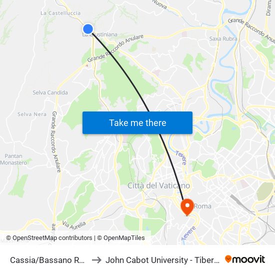 Cassia/Bassano Romano to John Cabot University - Tiber Campus map