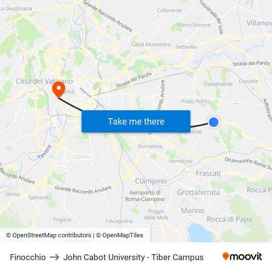 Finocchio to John Cabot University - Tiber Campus map