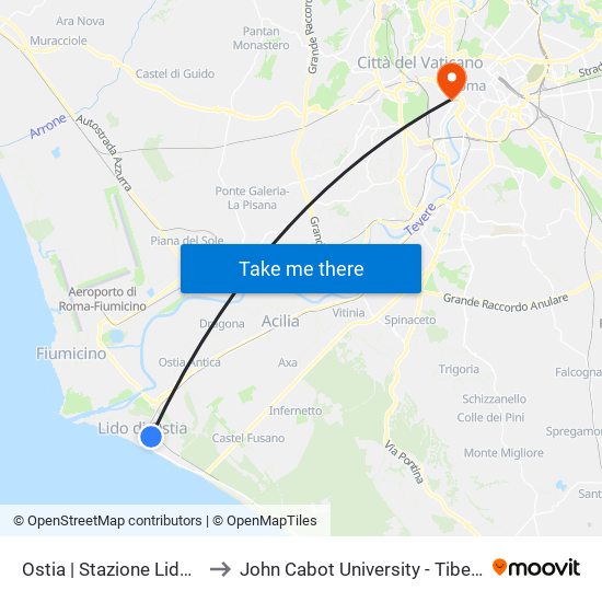 Ostia | Stazione Lido Centro to John Cabot University - Tiber Campus map