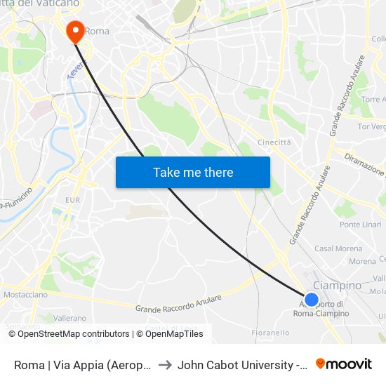 Roma | Via Appia (Aeroporto Ciampino) to John Cabot University - Tiber Campus map